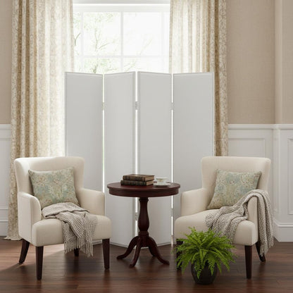 84" White Faux Leather Folding Four Panel Screen Room Divider
