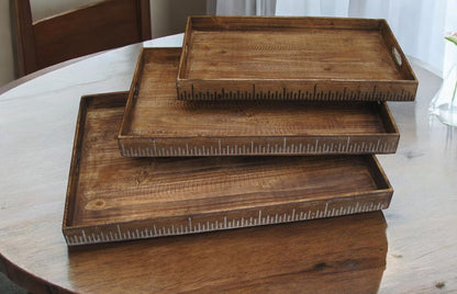 Set of Three Brown Wood Nesting Serving Trays