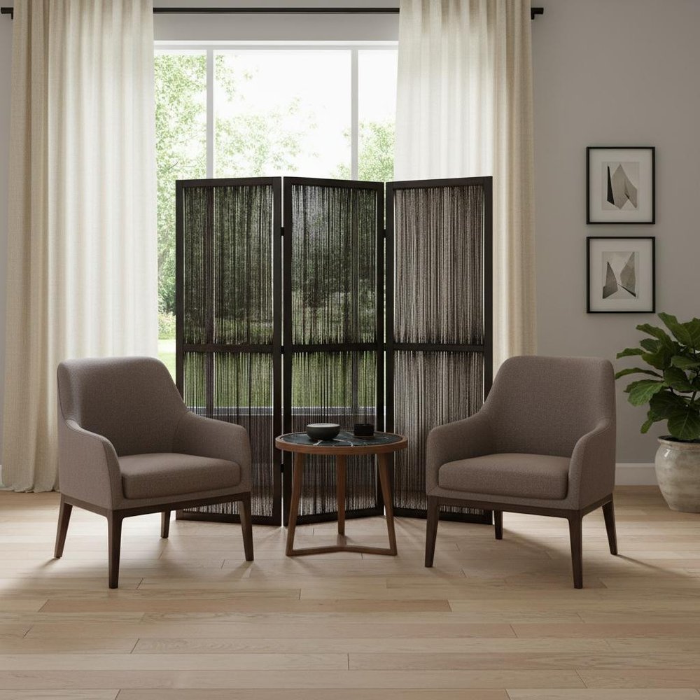 Dark Wood And Water Hyacinth 3 Panel Room Divider Screen