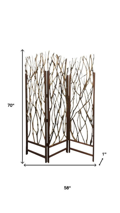 70" Brown Wood Branches Folding Three Panel Screen Room Divider