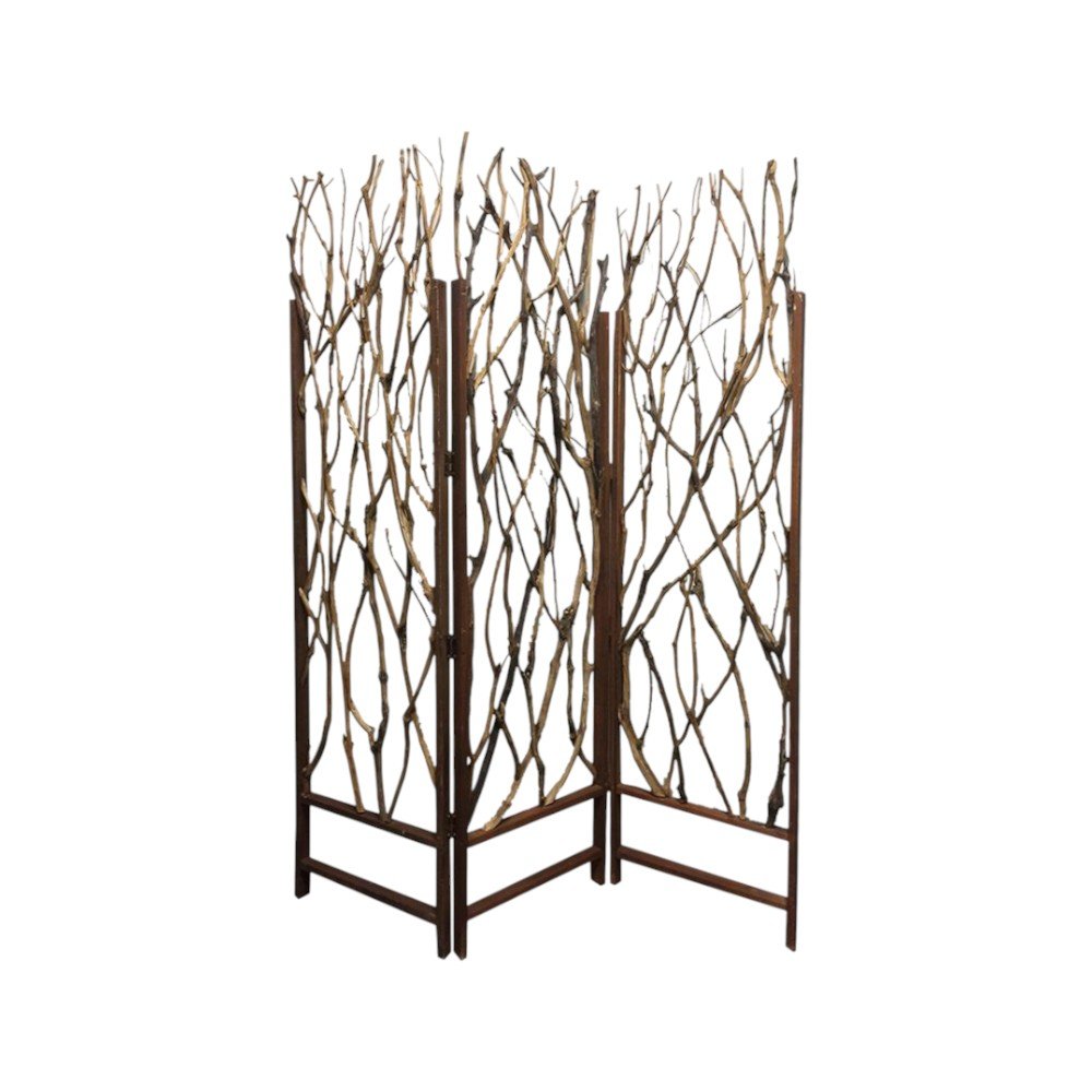 70" Brown Wood Branches Folding Three Panel Screen Room Divider