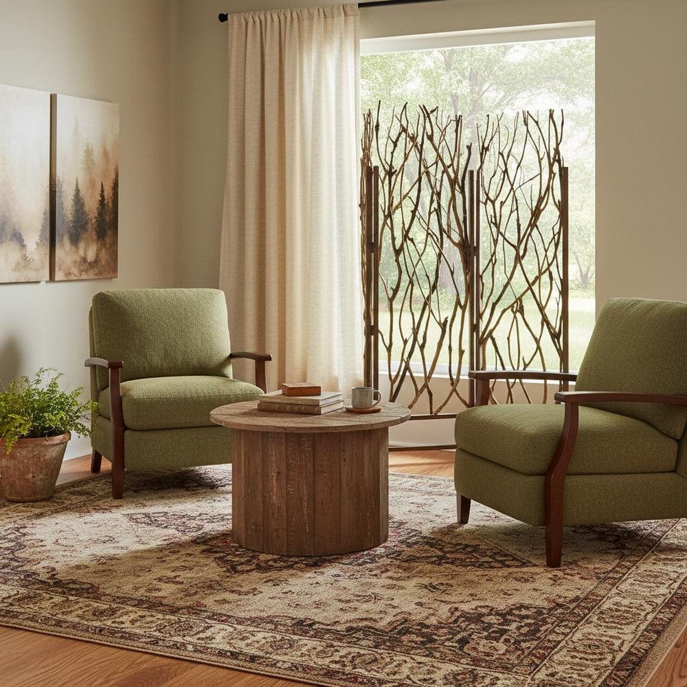 70" Brown Wood Branches Folding Three Panel Screen Room Divider