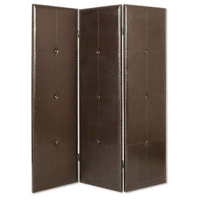 72" Brown Faux Leather Folding Three Panel Screen Room Divider