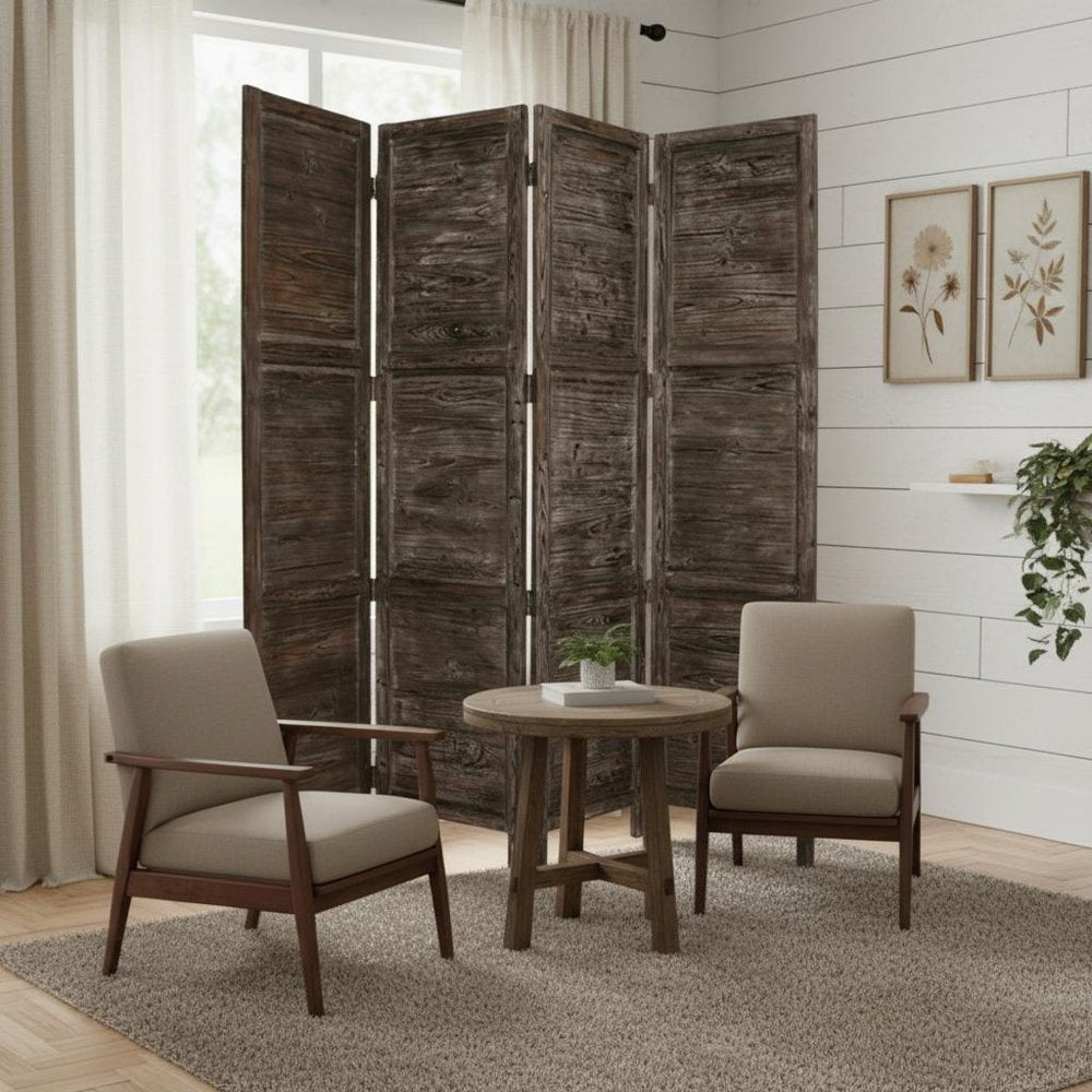84" Green Rustic Wood Folding Four Panel Screen Room Divider
