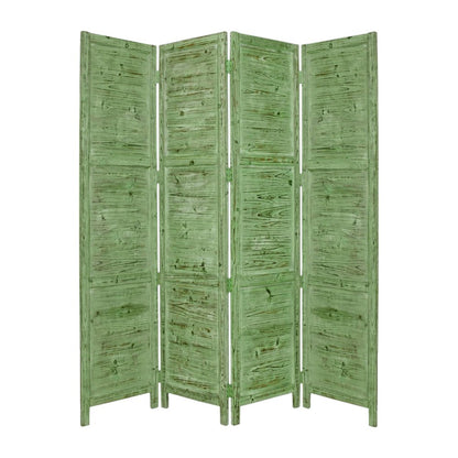 84" Green Rustic Wood Folding Four Panel Screen Room Divider