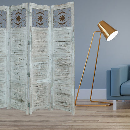 Gray Wash 4 Panel With Scroll Work Room Divider Screen