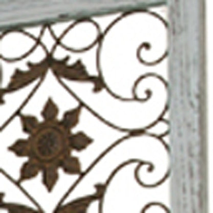 Gray Wash 4 Panel With Scroll Work Room Divider Screen