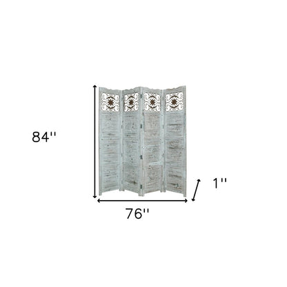 Gray Wash 4 Panel With Scroll Work Room Divider Screen