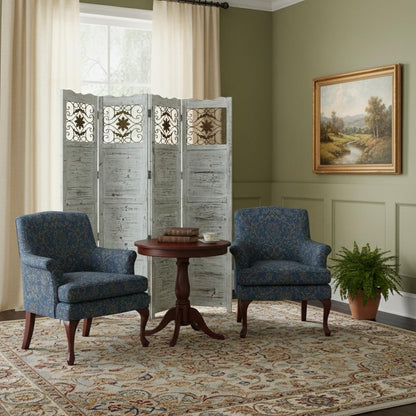 Gray Wash 4 Panel With Scroll Work Room Divider Screen