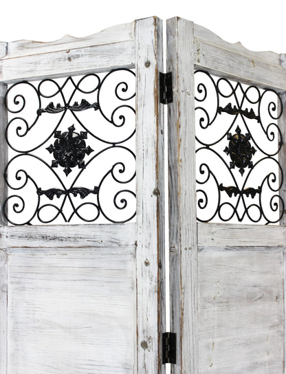 Gray Wash 4 Panel With Scroll Work Room Divider Screen