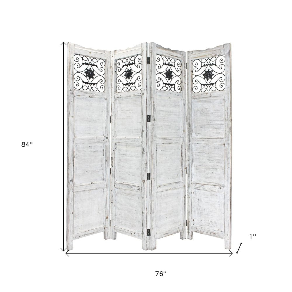 Gray Wash 4 Panel With Scroll Work Room Divider Screen