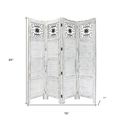 Gray Wash 4 Panel With Scroll Work Room Divider Screen