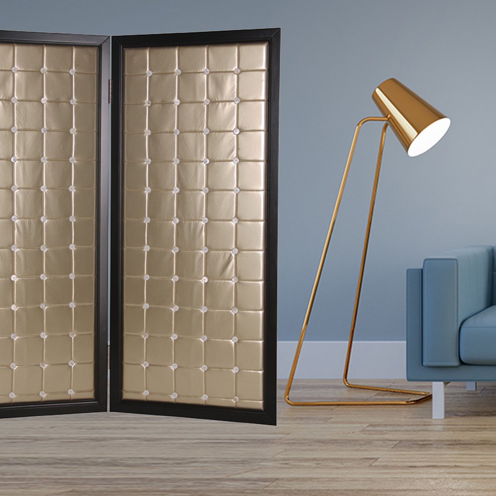 67" Gold Fabric Folding Two Panel Screen Room Divider
