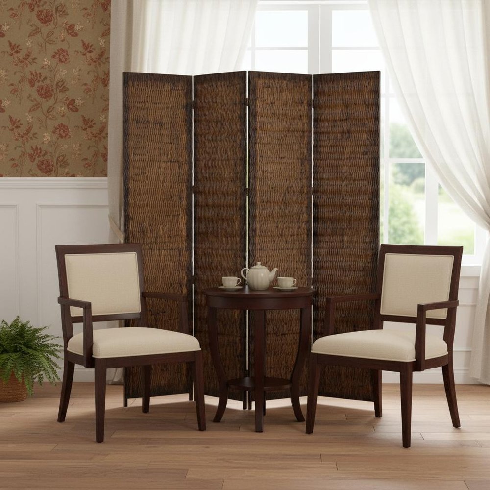 84" Brown Wood Folding Four Panel Screen Room Divider