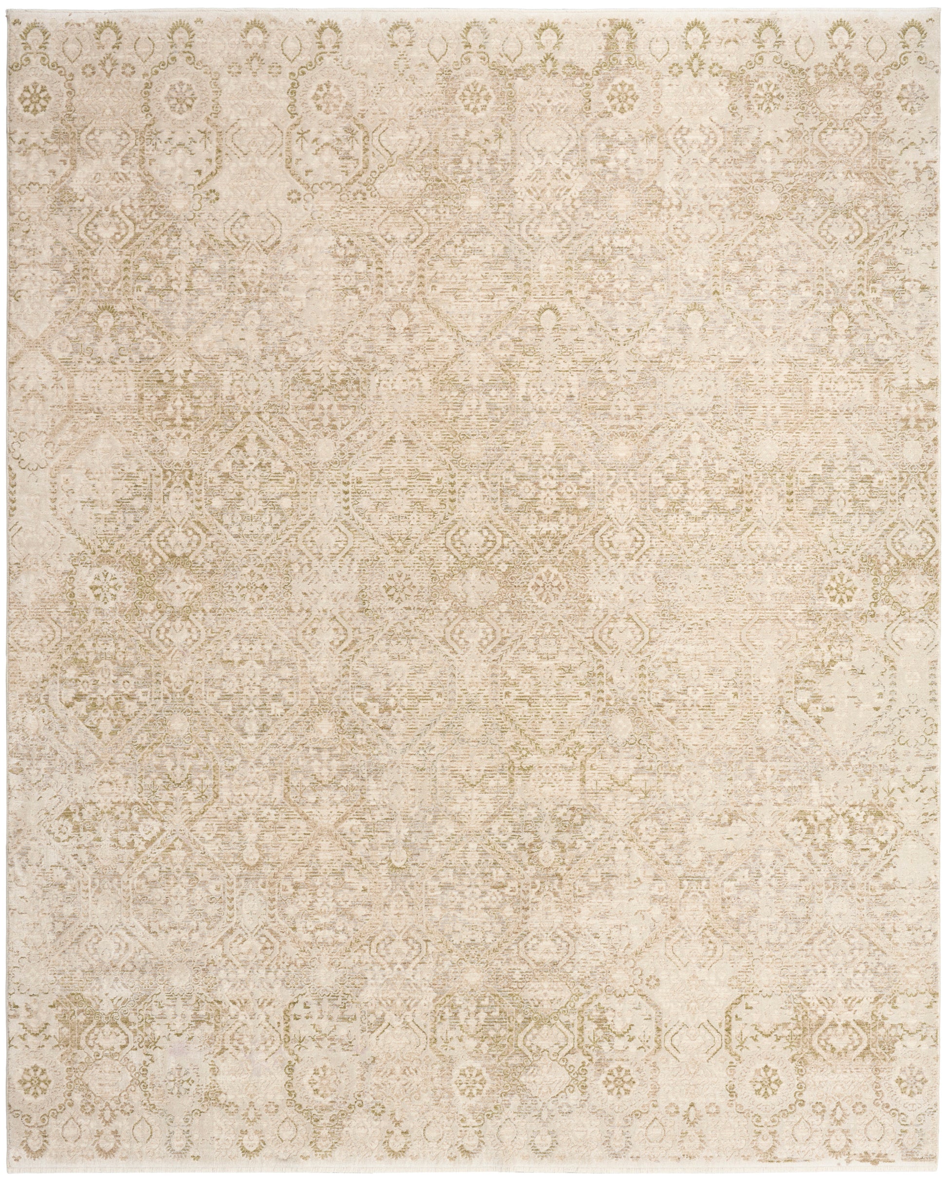 Beige distressed oriental rug with cream and gold muted geometric medallion pattern; rectangular area rug.