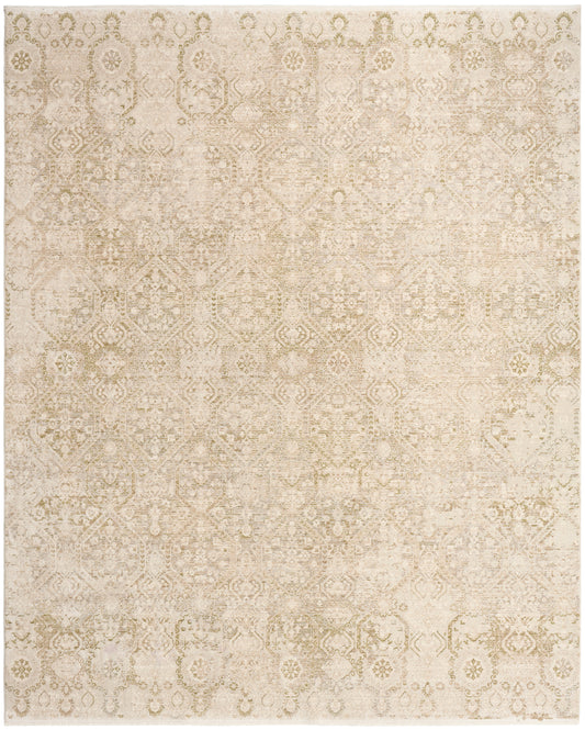 Beige distressed oriental rug with cream and gold muted geometric medallion pattern; rectangular area rug.