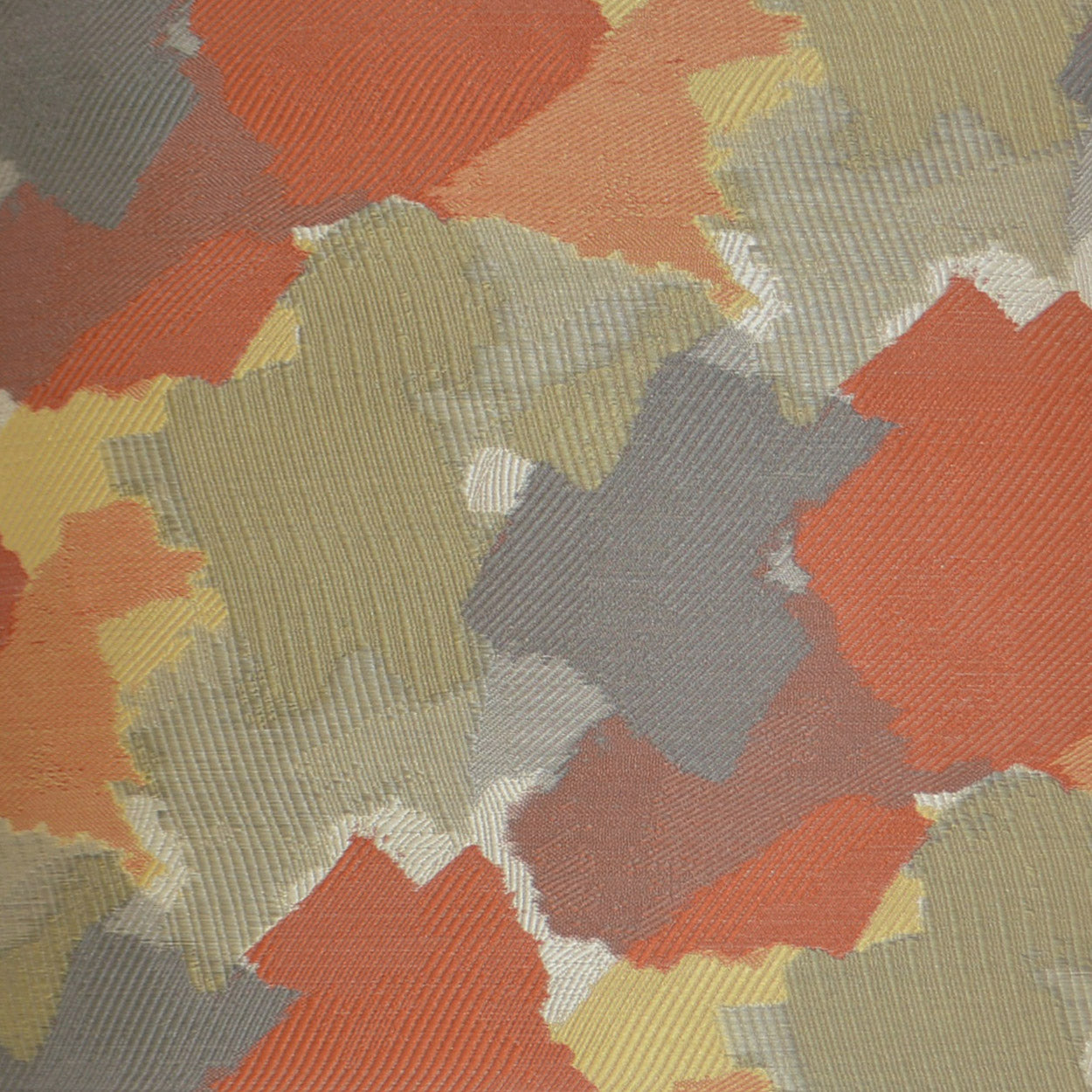 Pillow with Tangerine Abstract splatter pattern in orange, tan, mustard, olive and gray; 24 x 24 inches.