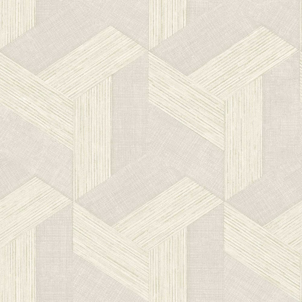 Beige and cream geometric wallpaper with interlocking chevron blocks and a subtle linen texture.