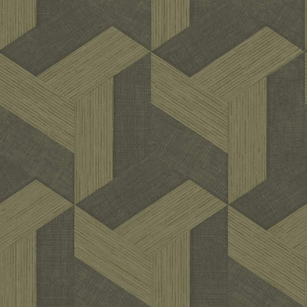 Olive, khaki and taupe interlocking geometric blocks with linen texture; modern wallpaper pattern.