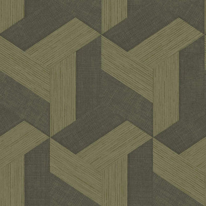 Olive, khaki and taupe interlocking geometric blocks with linen texture; modern wallpaper pattern.