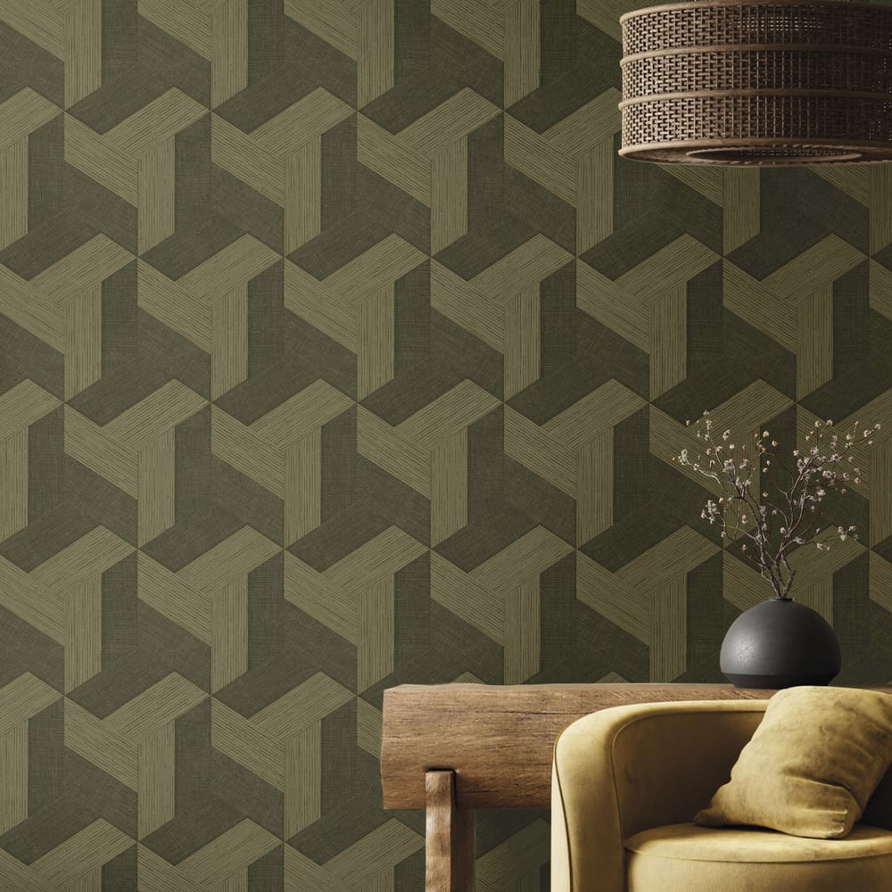 Olive & taupe geometric wallpaper with interlocking pattern, wooden bench, mustard cushion, wicker pendant lamp.