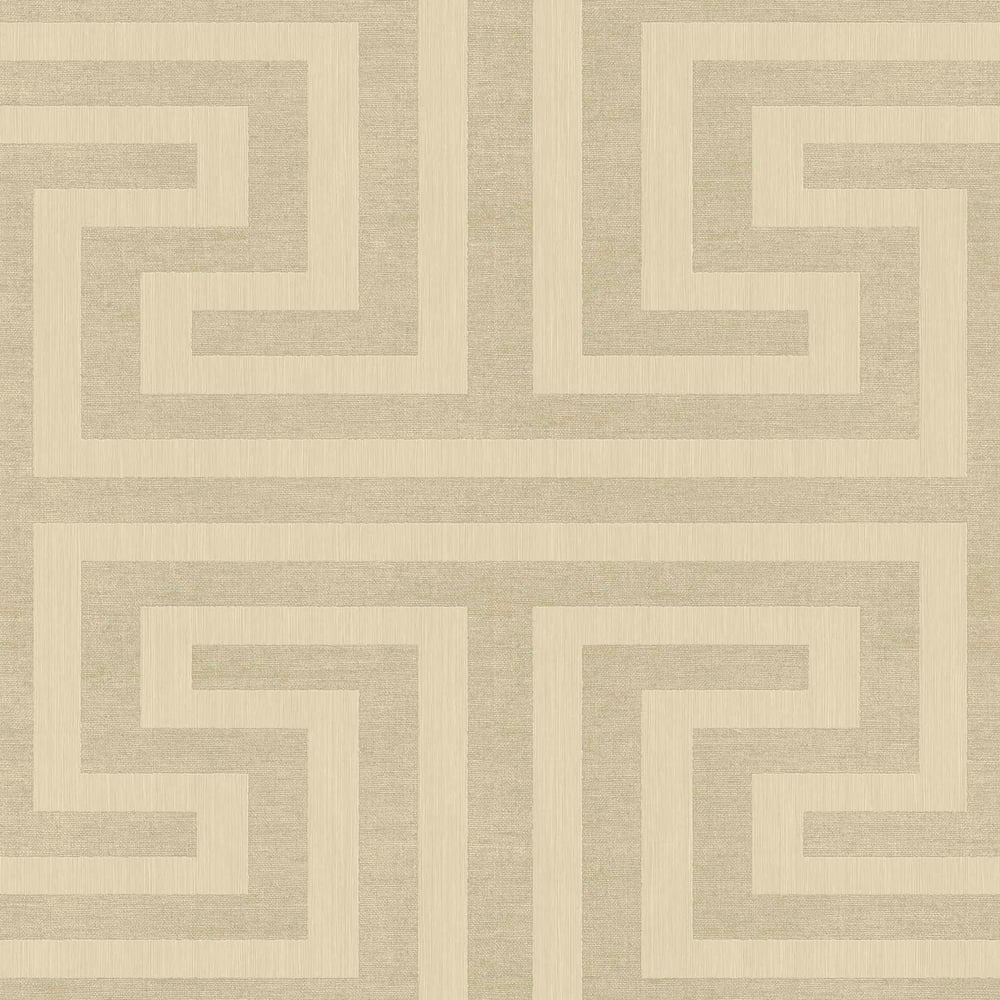 Beige wallcovering with cream geometric maze pattern; double-panel design.
