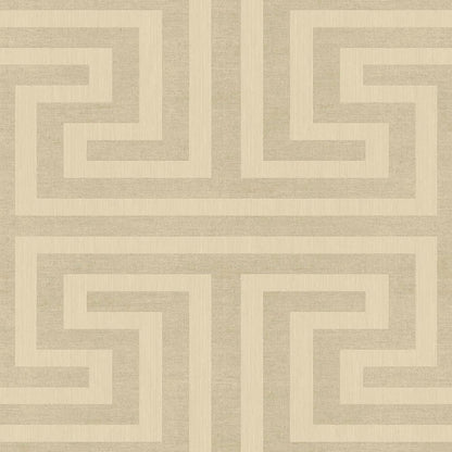 Beige wallcovering with cream geometric maze pattern; double-panel design.