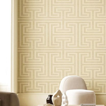 Beige Geometric Maze wallpaper with cream upholstery, round ottoman and modern sculptural decor in a warm living room