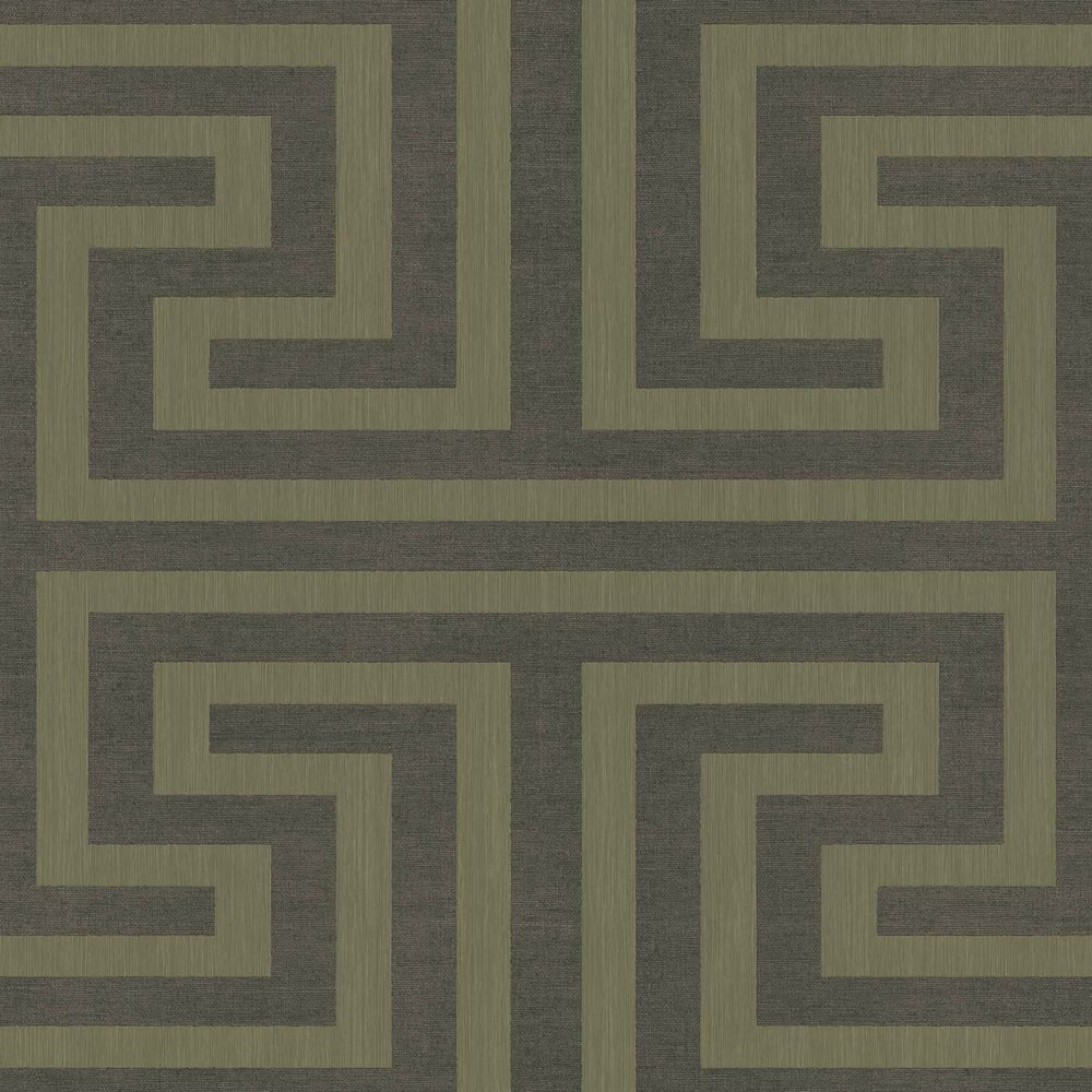 Olive green Greek key meander geometric maze wallpaper on charcoal gray background