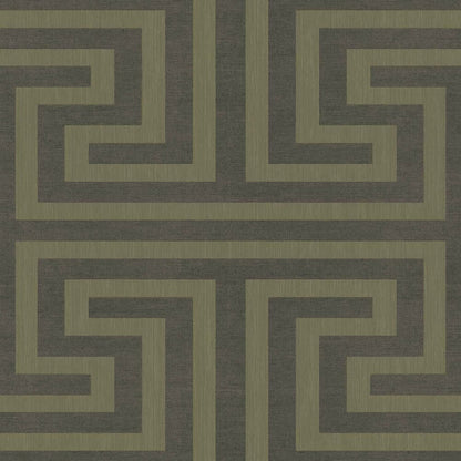 Olive green Greek key meander geometric maze wallpaper on charcoal gray background