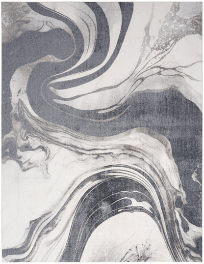 Abstract marbled area rug in grayscale with flowing black, white & silver swirls, modern decor.