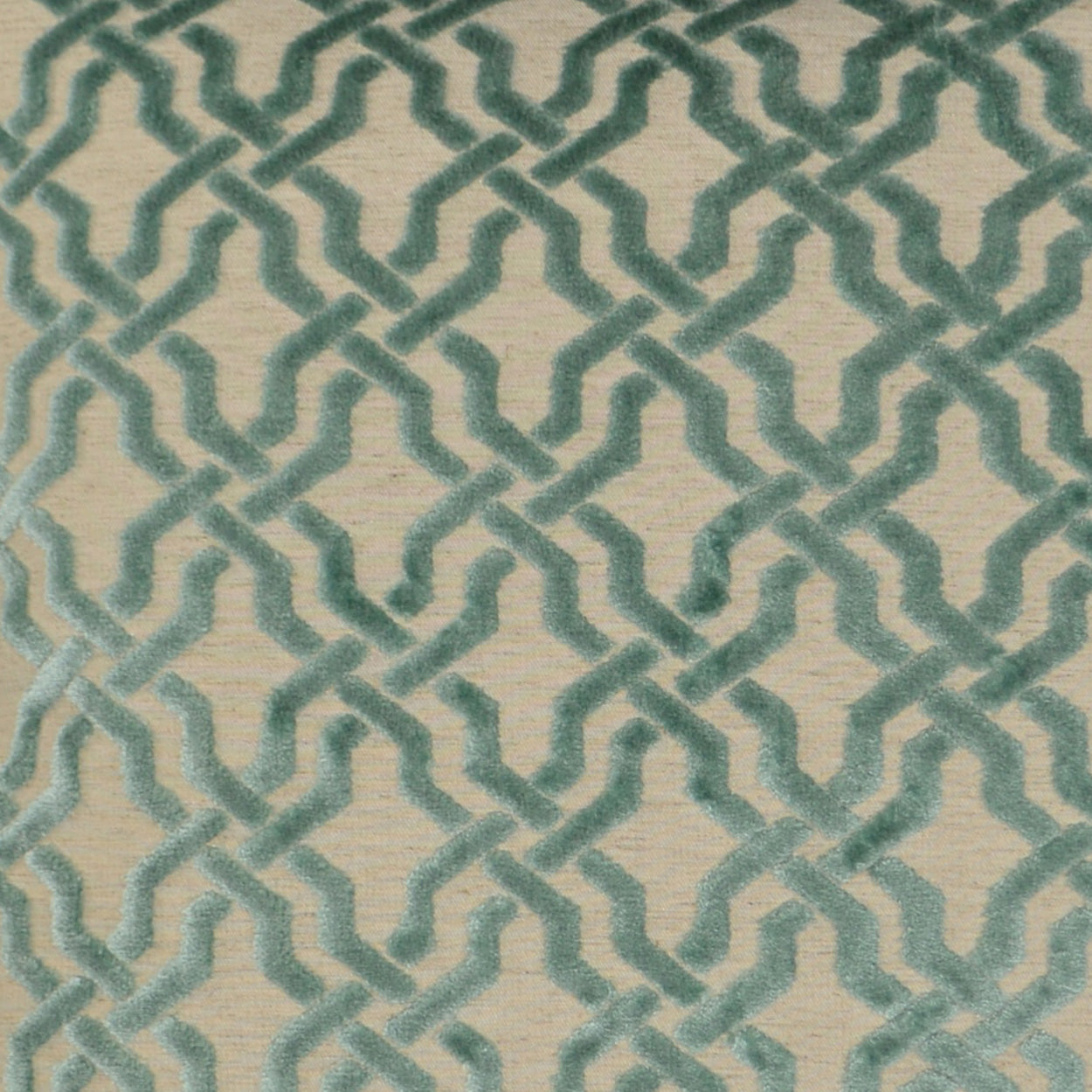 Beige fabric with teal geometric chain-link pattern, repeating interlocking shapes.