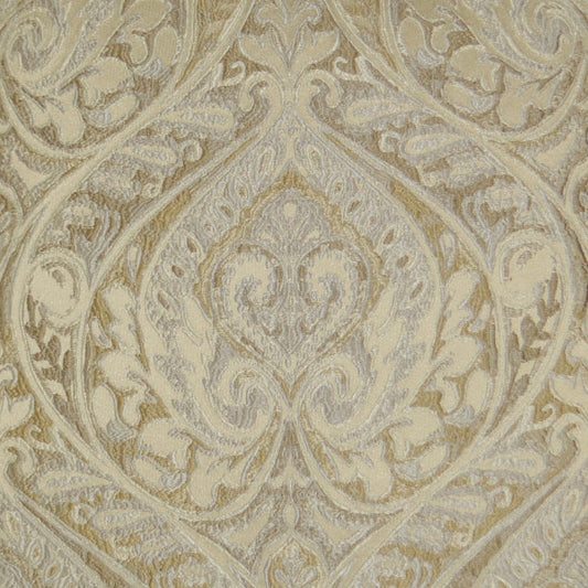 Beige-gold damask fabric with ornate scrolling floral motif; luxurious upholstery or drapery material.