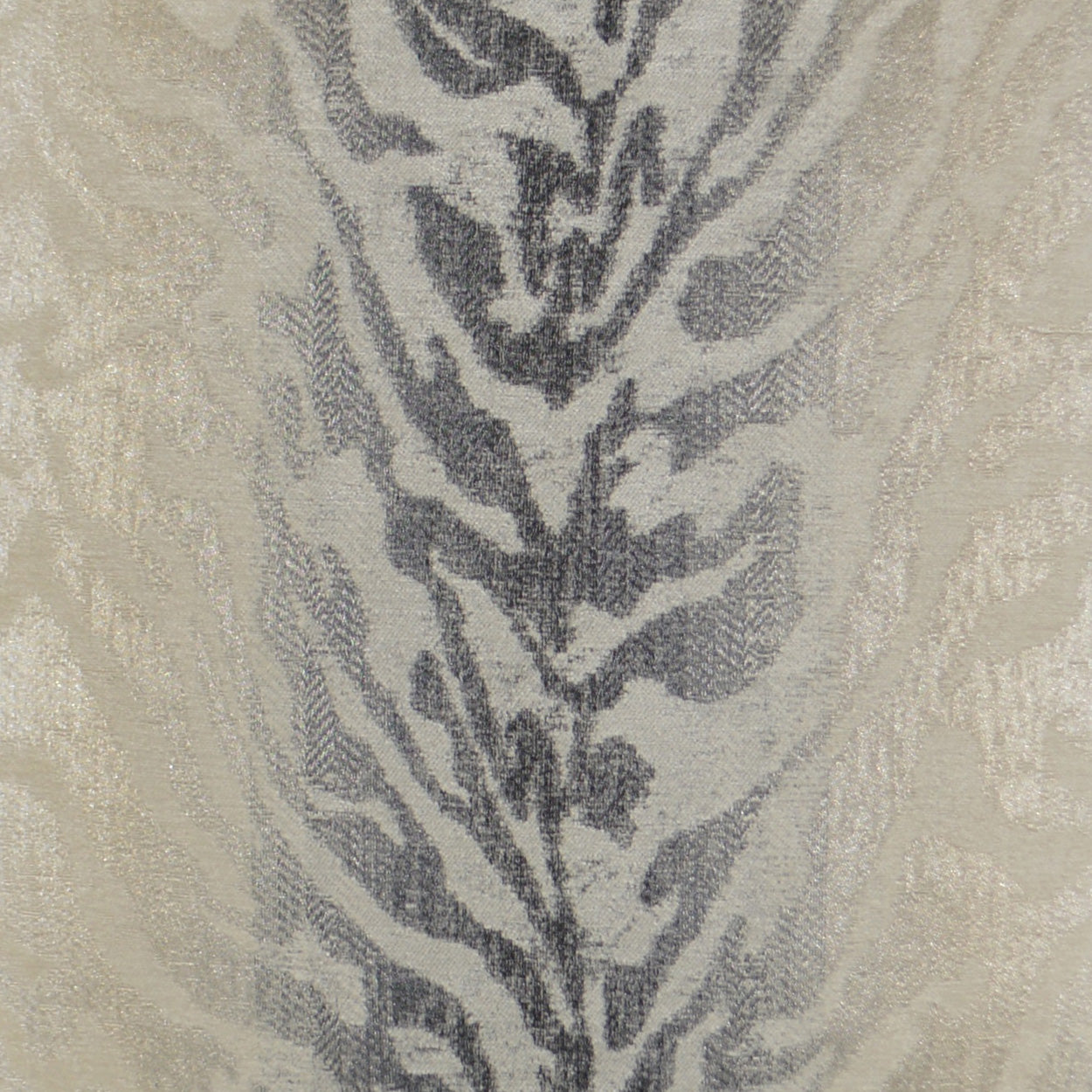 Beige fabric with grey damask floral motif; jacquard-weave upholstery or drapery fabric, elegant & textured.