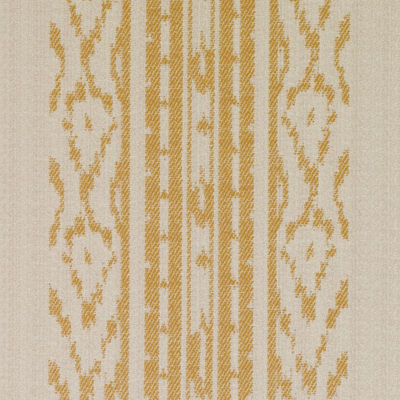 Beige linen-look upholstery fabric with a vertical mustard damask stripe pattern.