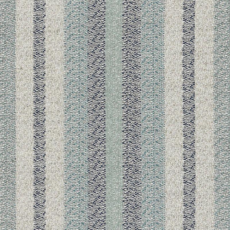 Vertical striped woven upholstery fabric in cream, teal & navy blue; textured coastal-style.