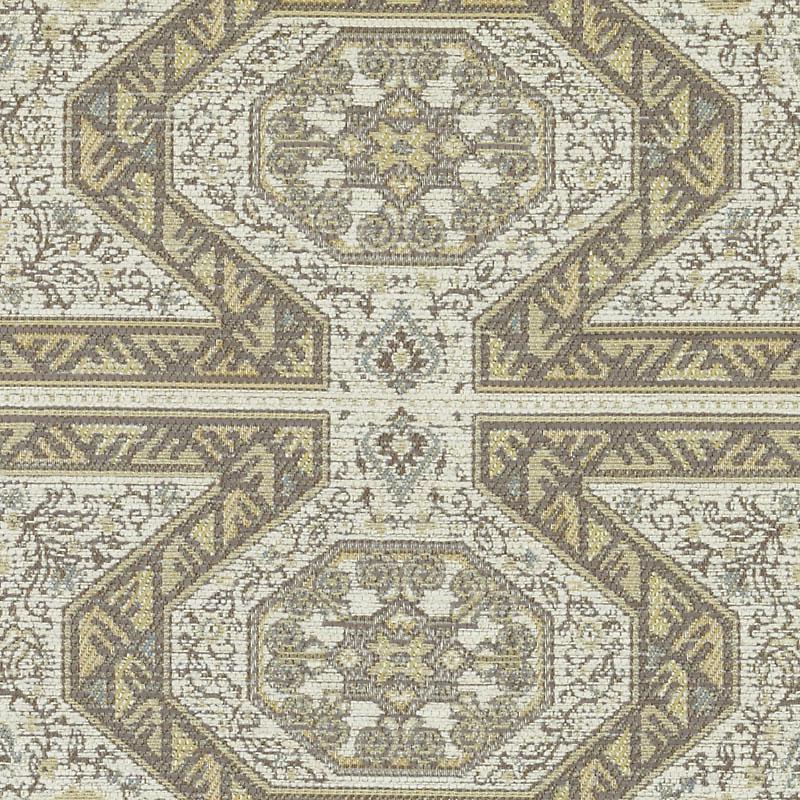 Upholstery fabric in an oriental motif with beige, cream & gold tones, featuring bold geometric borders & floral medallions.