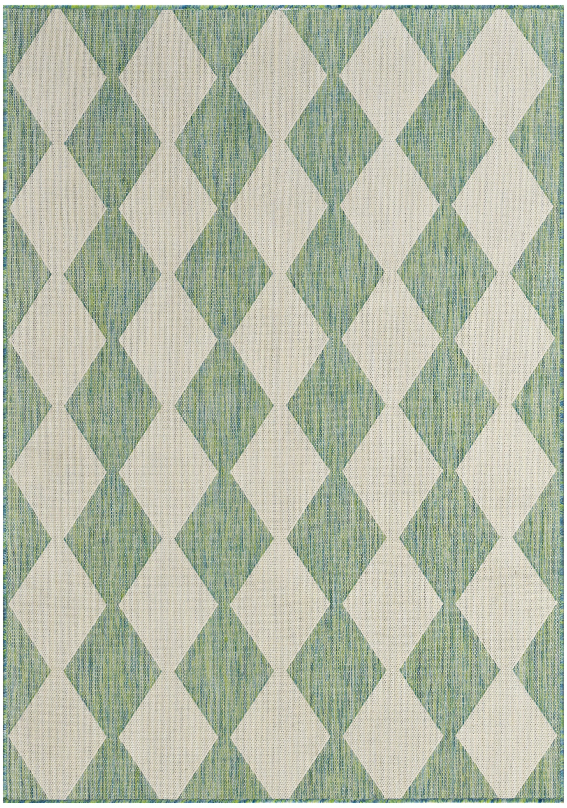 Green woven rug with cream diamond lattice pattern; geometric, modern home decor.