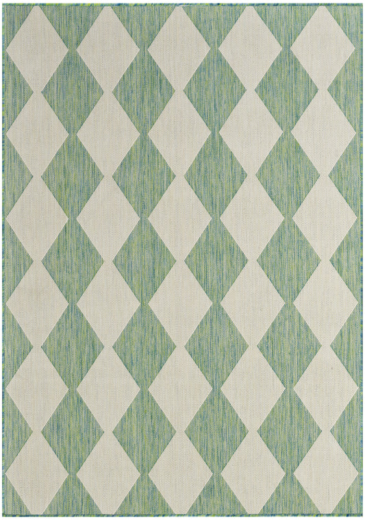 Green woven rug with cream diamond lattice pattern; geometric, modern home decor.