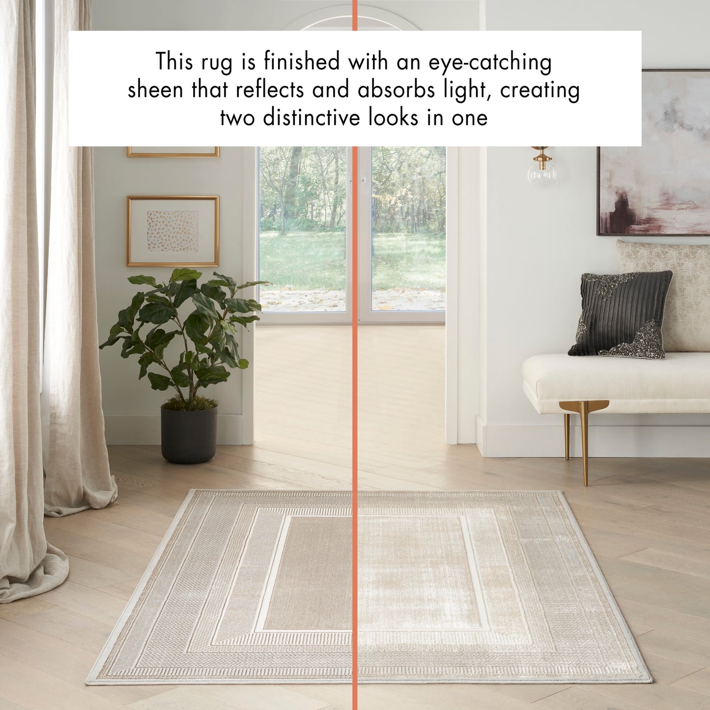 Rectangular beige geometric rug with a nested border in a bright modern living room; potted plant, light wood floor, white sofa.