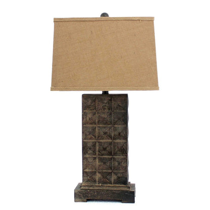 30" Distressed Bronze Metal Bedside Lamp With Khaki Shade