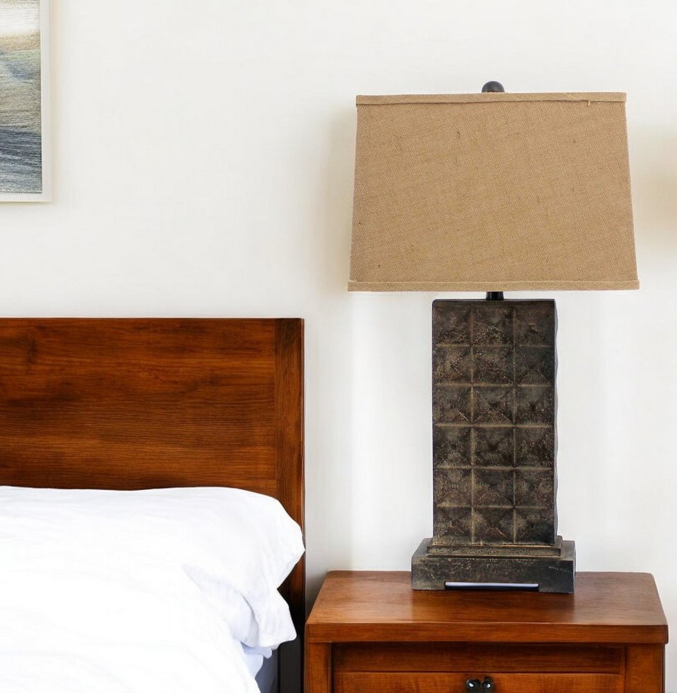 30" Distressed Bronze Metal Bedside Lamp With Khaki Shade