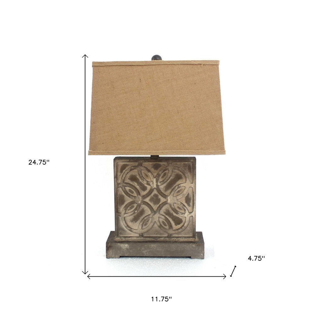 25" Distressed Brown Metal Bedside Lamp With Khaki Shade