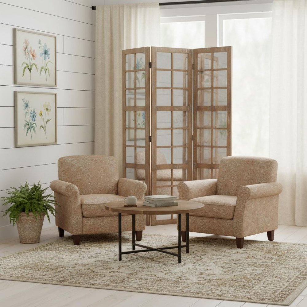 84" Brown Glass Folding Three Panel Screen Room Divider