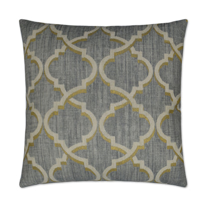 Grey textured throw pillow with a lustrous lattice pattern; decorative cushion for sofa.
