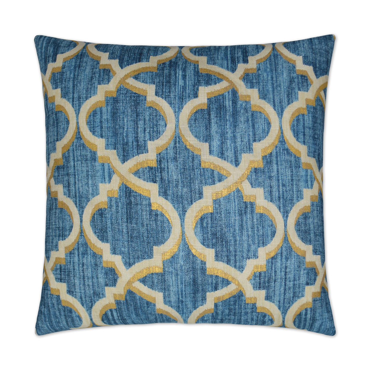 Indigo decorative throw pillow with beige lattice pattern on denim-like fabric.