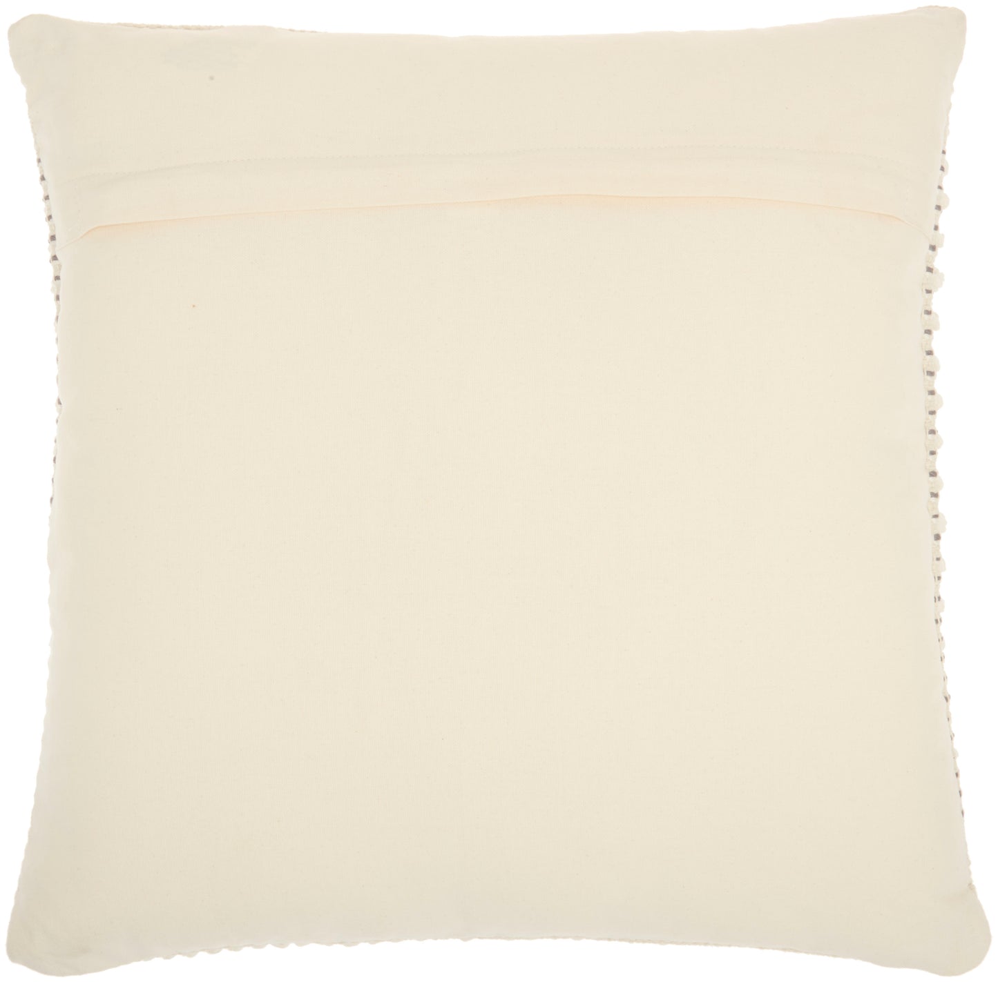 Cream square throw pillow with pom-pom edge trim; soft fabric, decorative accent.