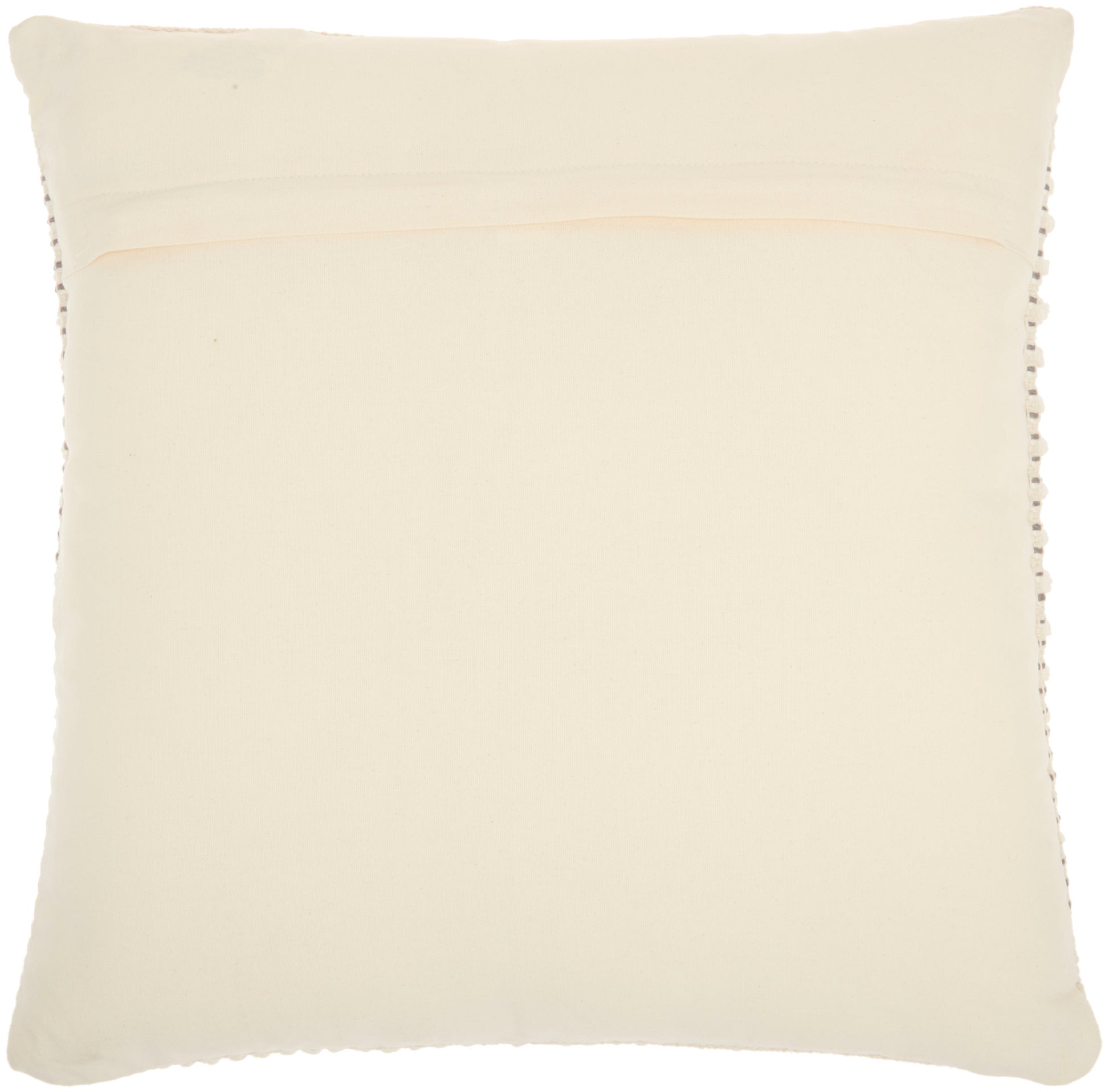 Cream square throw pillow with pom-pom edge trim; soft fabric, decorative accent.