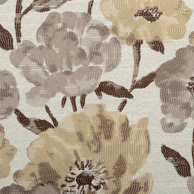 Close-up of a woven floral upholstery fabric with large beige and pale yellow flowers and brown stems on a cream background.
