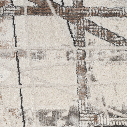 Rectangular beige rug with brown grid lines, distressed texture and plush pile.